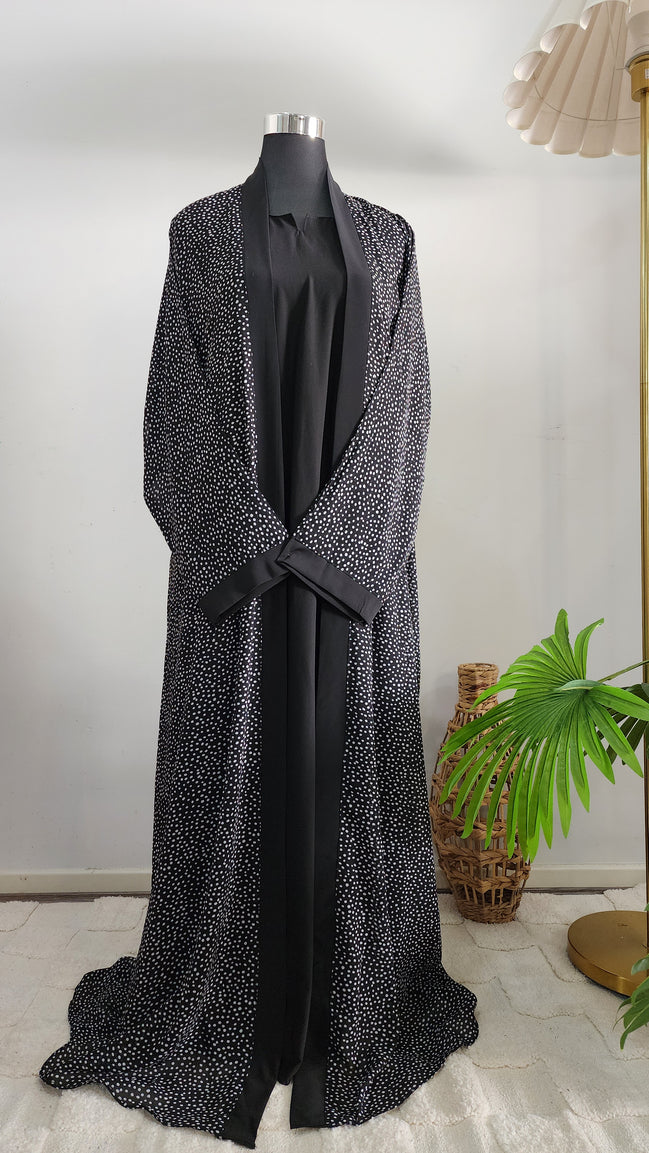 Black double layered Abaya with polka dot Printed Cardigan– Elegant Modest Wear