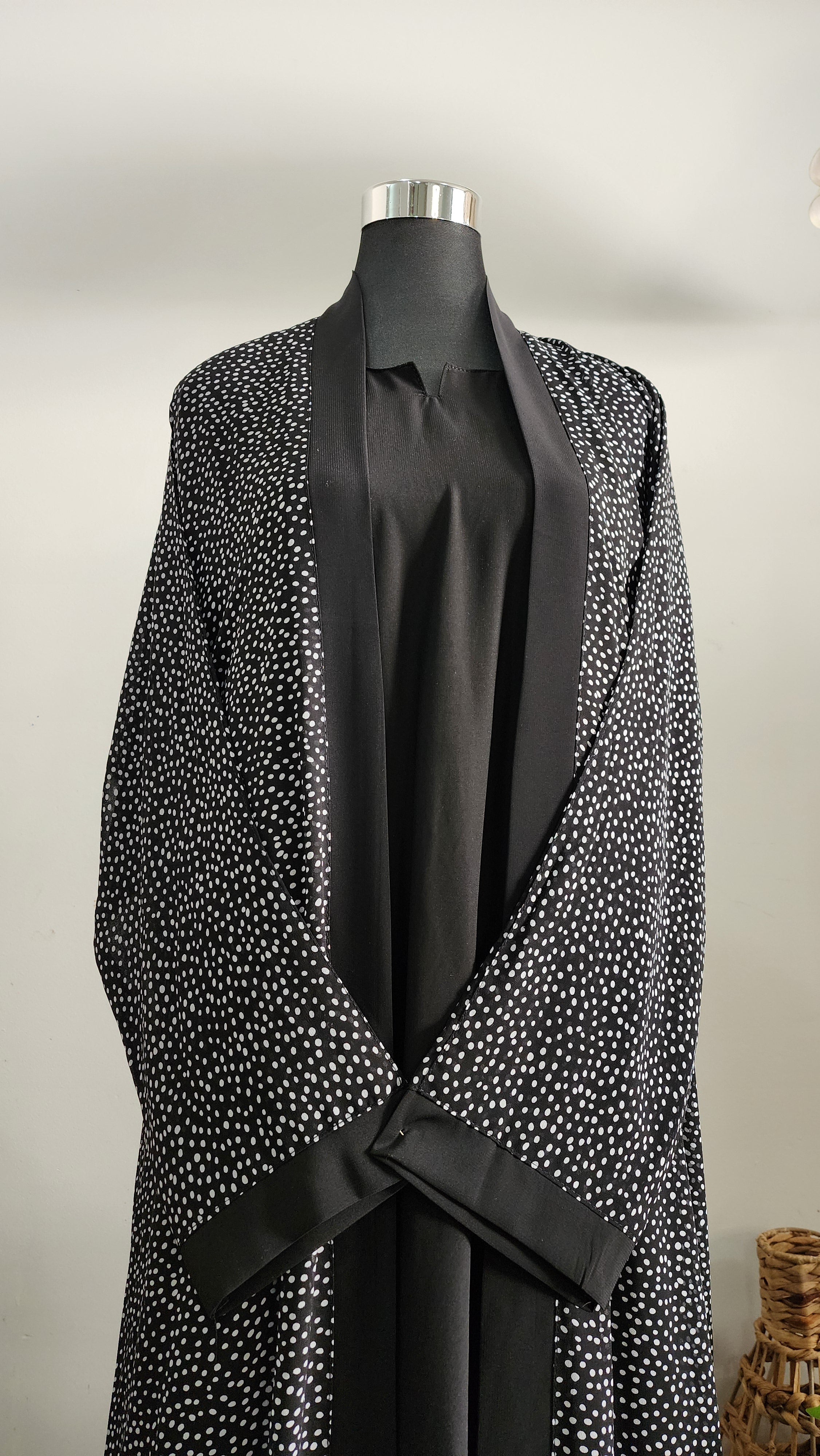 Black double layered Abaya with polka dot Printed Cardigan– Elegant Modest Wear