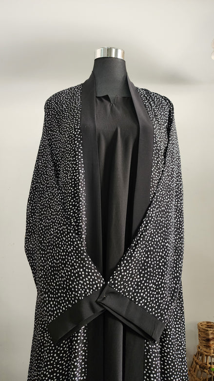 Black double layered Abaya with polka dot Printed Cardigan– Elegant Modest Wear