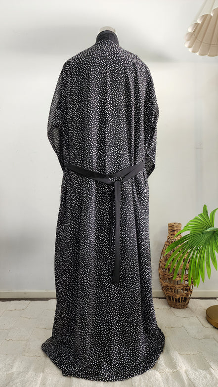 Black double layered Abaya with polka dot Printed Cardigan– Elegant Modest Wear