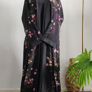 Black double layered Abaya with floral Printed Cardigan– Elegant Modest Wear