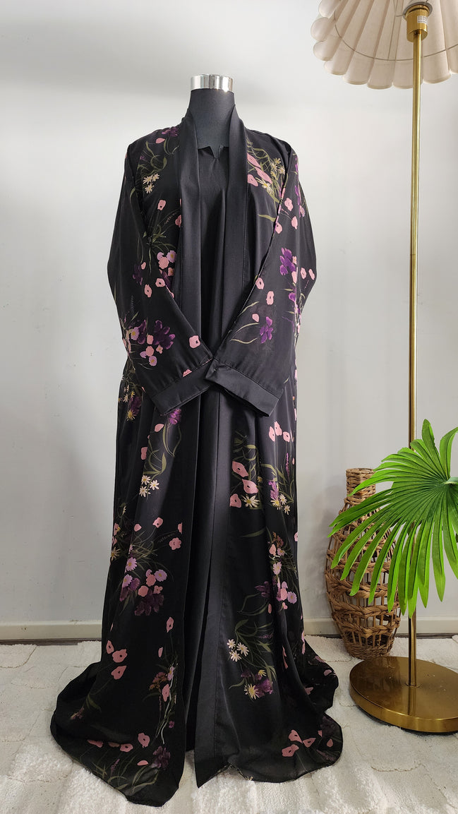 Black double layered Abaya with floral Printed Cardigan– Elegant Modest Wear