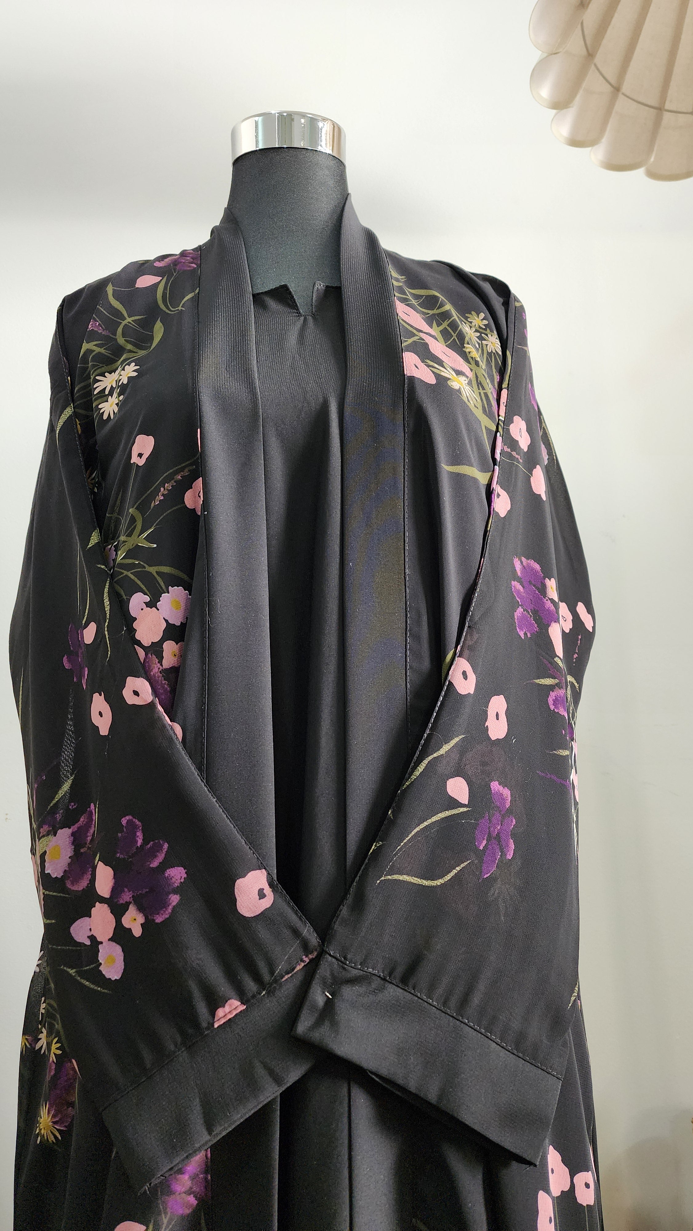 Black double layered Abaya with floral Printed Cardigan– Elegant Modest Wear