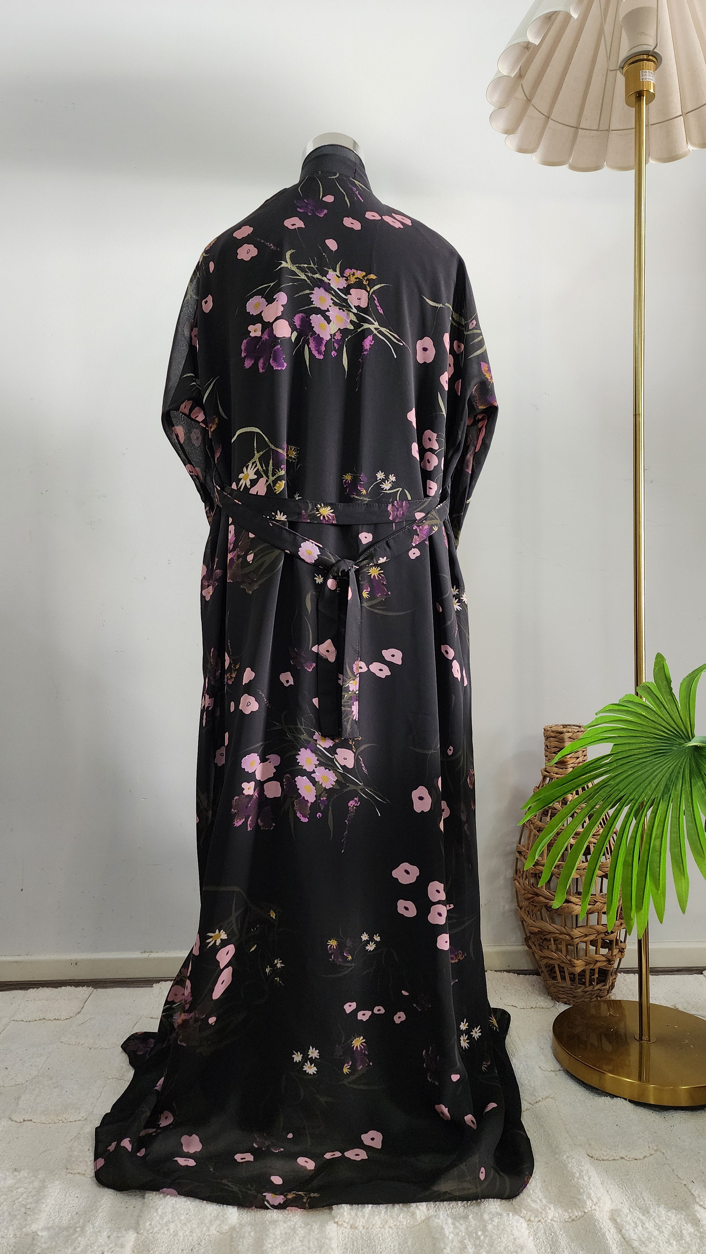 Black double layered Abaya with floral Printed Cardigan– Elegant Modest Wear