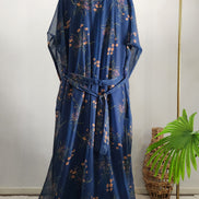 Blue double layered Abaya with floral Printed Cardigan– Elegant Modest Wear