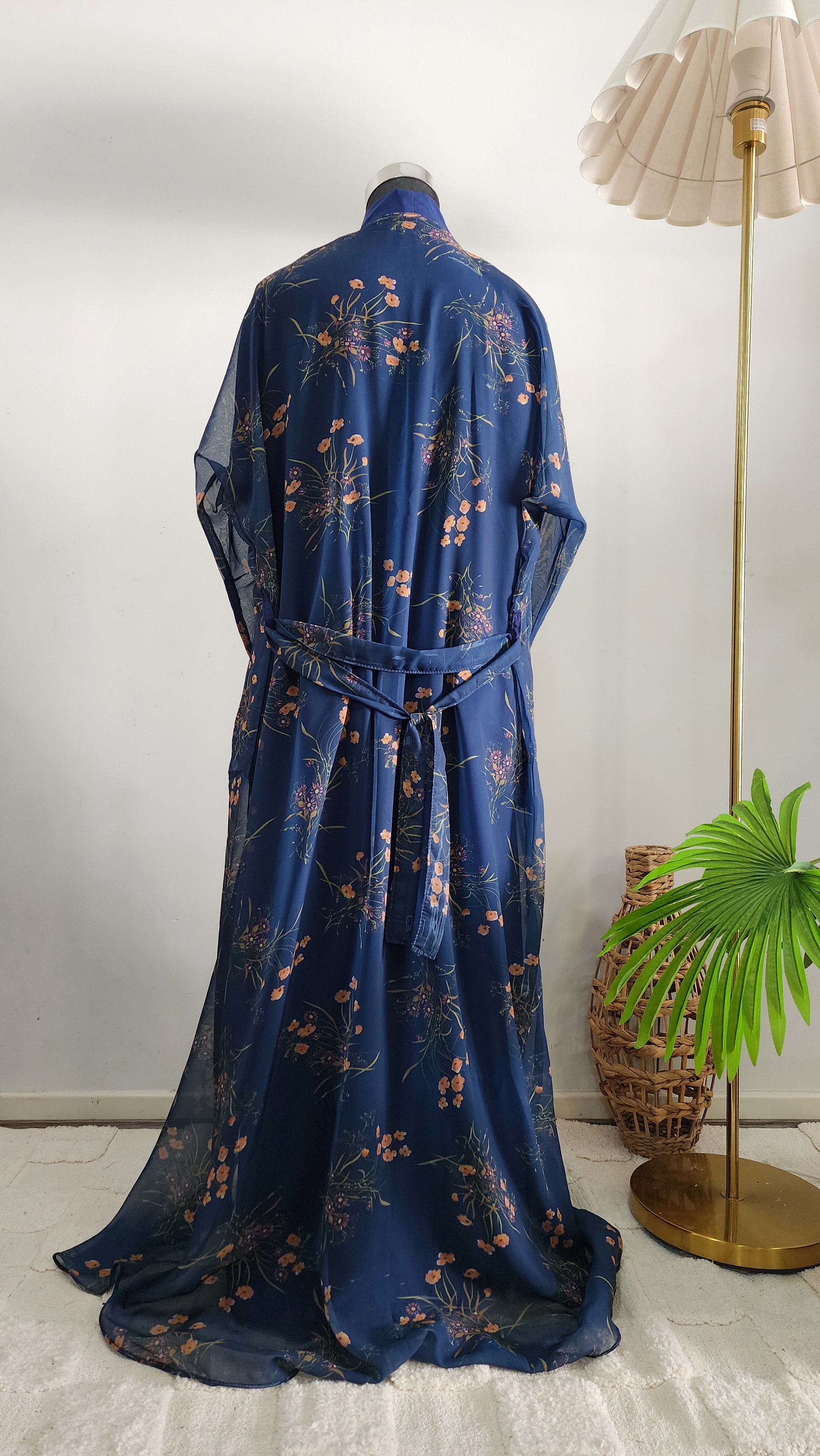 Blue double layered Abaya with floral Printed Cardigan– Elegant Modest Wear