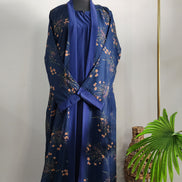 Blue double layered Abaya with floral Printed Cardigan– Elegant Modest Wear
