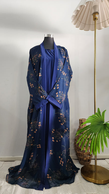 Blue double layered Abaya with floral Printed Cardigan– Elegant Modest Wear