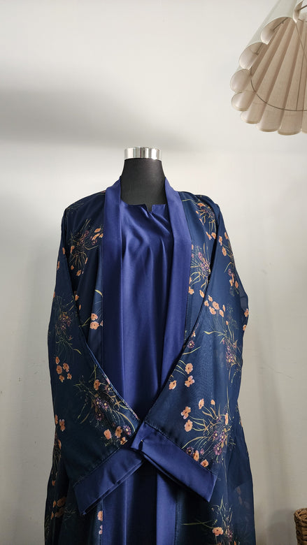 Blue double layered Abaya with floral Printed Cardigan– Elegant Modest Wear