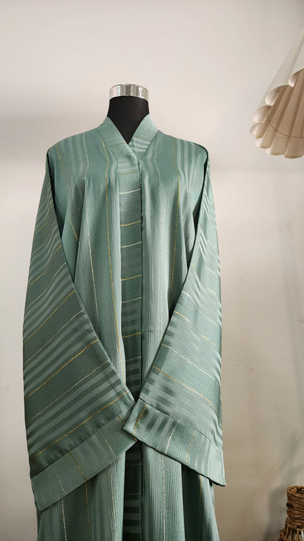 Sage Green Striped Abaya with Subtle Gold Detailing – Elegant Modest Wear