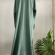 Sage Green Striped Abaya with Subtle Gold Detailing – Elegant Modest Wear