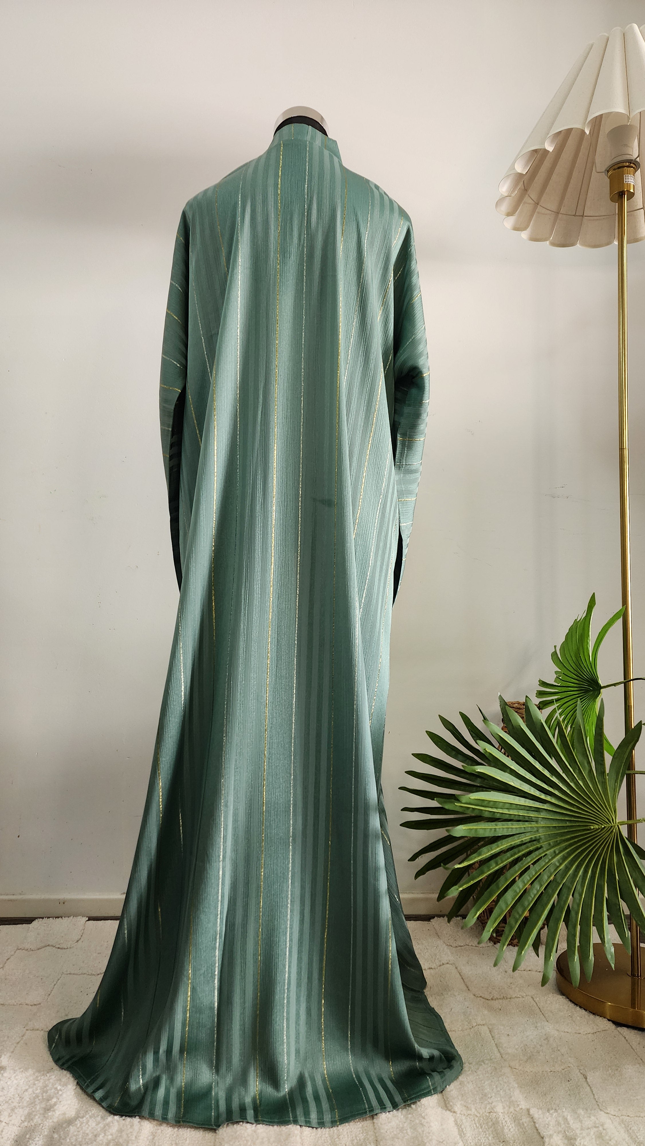 Sage Green Striped Abaya with Subtle Gold Detailing – Elegant Modest Wear
