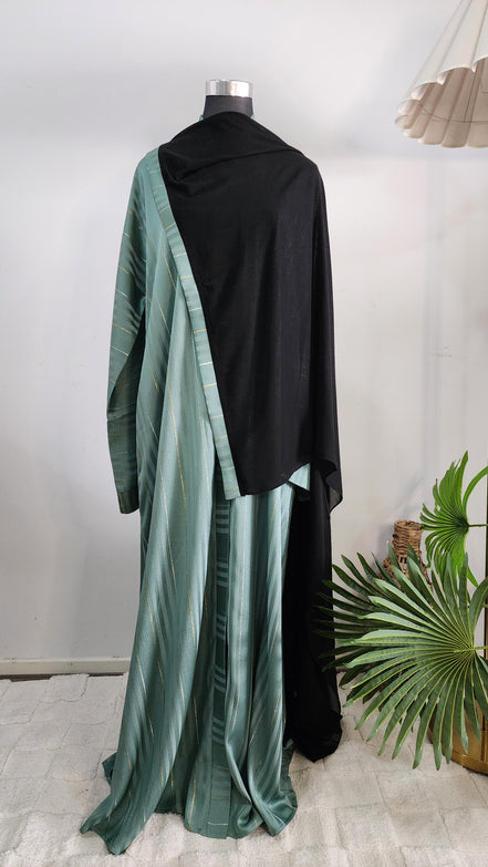 Sage Green Striped Abaya with Subtle Gold Detailing – Elegant Modest Wear