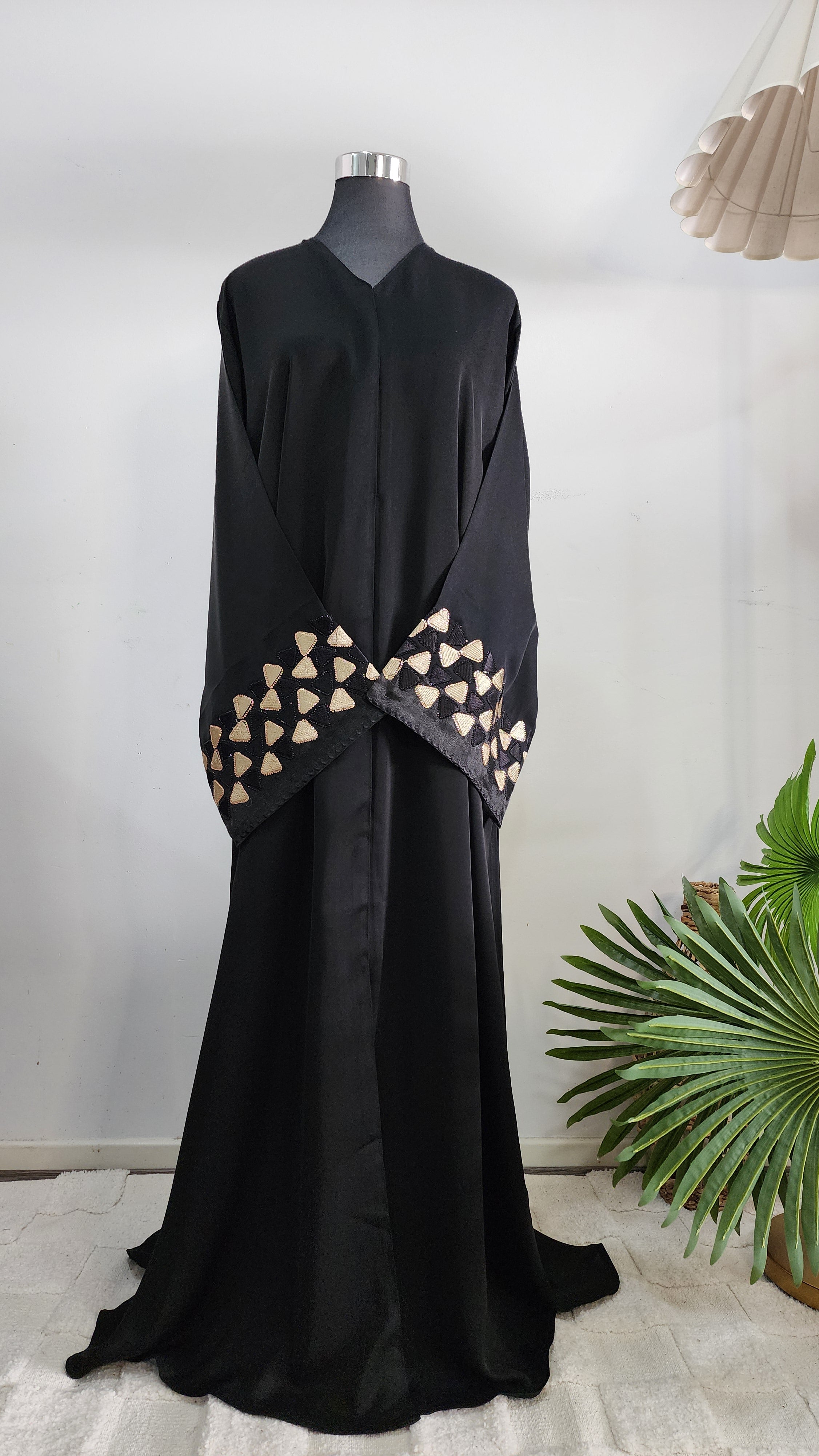 Elegant Black Abaya with Beige Embroidered Cuff Details | Modest Wear