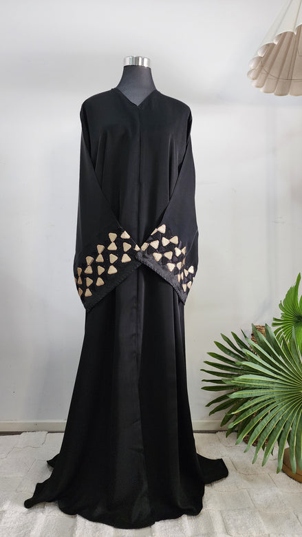 Elegant Black Abaya with Beige Embroidered Cuff Details | Modest Wear