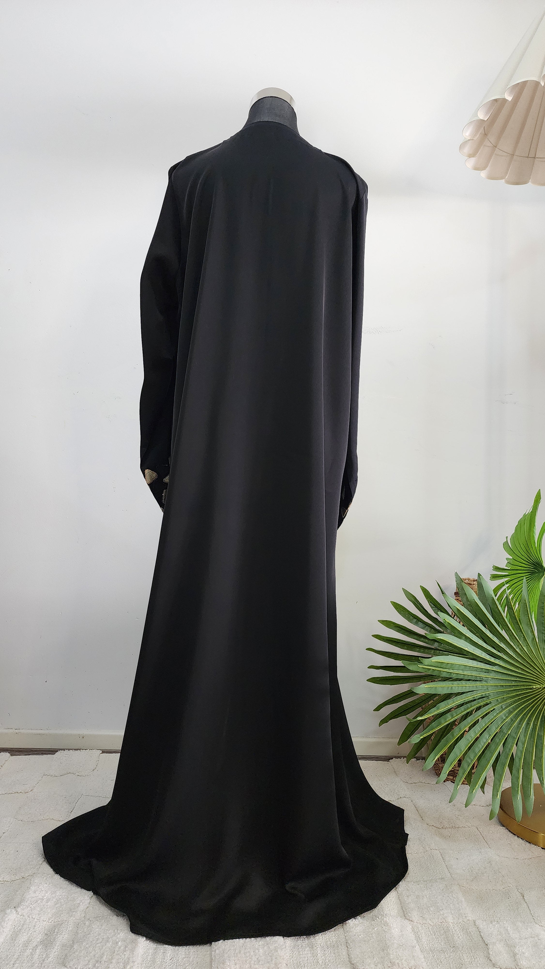 Elegant Black Abaya with Beige Embroidered Cuff Details | Modest Wear