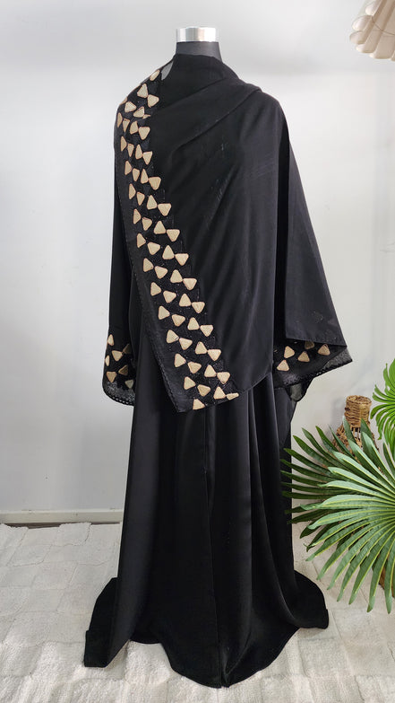 Elegant Black Abaya with Beige Embroidered Cuff Details | Modest Wear