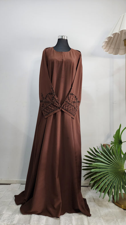 Elegant Brown Abaya with Beaded Sleeve Embroidery – Modest Luxury Dress