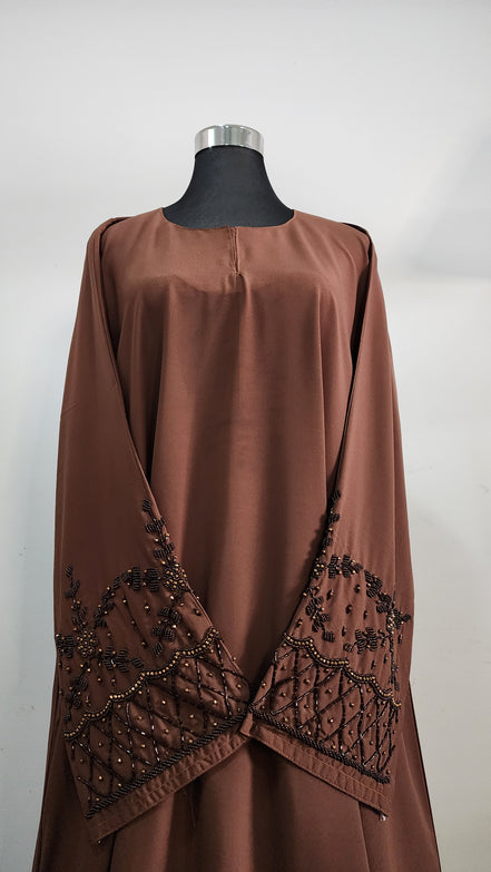 Elegant Brown Abaya with Beaded Sleeve Embroidery – Modest Luxury Dress