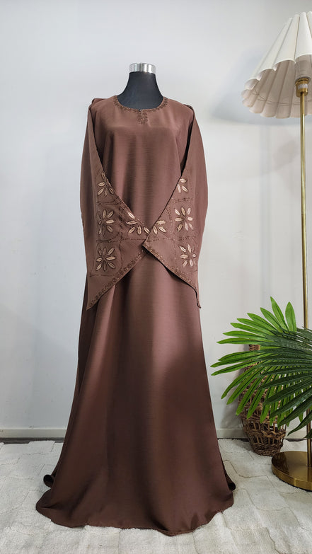 Brown Embroidered Abaya with Floral Detailing – Modest Elegant Wear