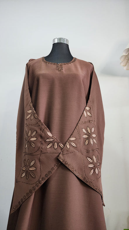 Brown Embroidered Abaya with Floral Detailing – Modest Elegant Wear