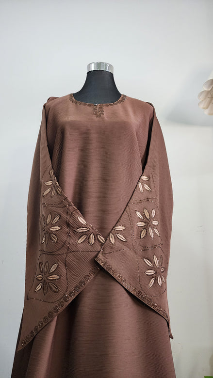 Brown Embroidered Abaya with Floral Detailing – Modest Elegant Wear