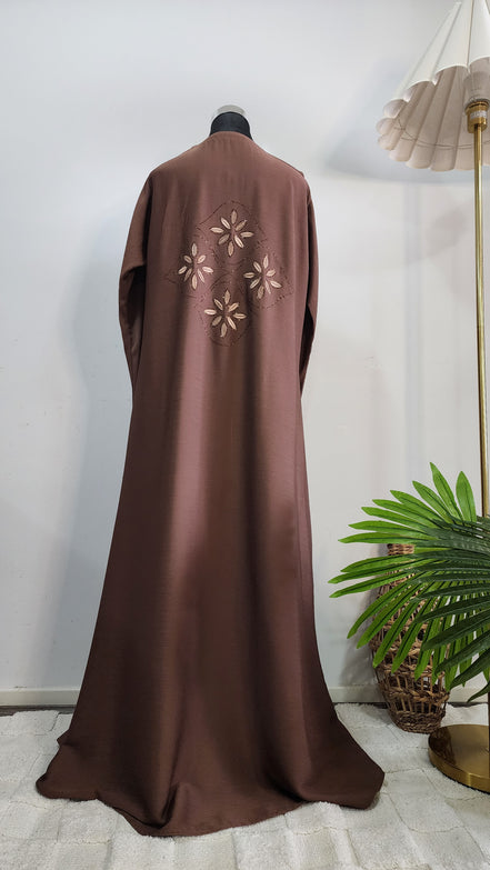 Brown Embroidered Abaya with Floral Detailing – Modest Elegant Wear