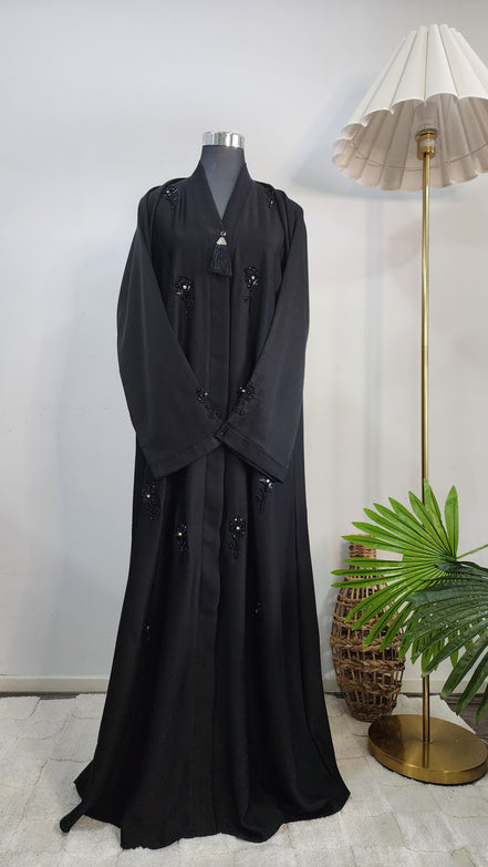 Elegant Black Abaya with Hand Beaded Embroidery and Tassel Detail – Modest Luxury Wear