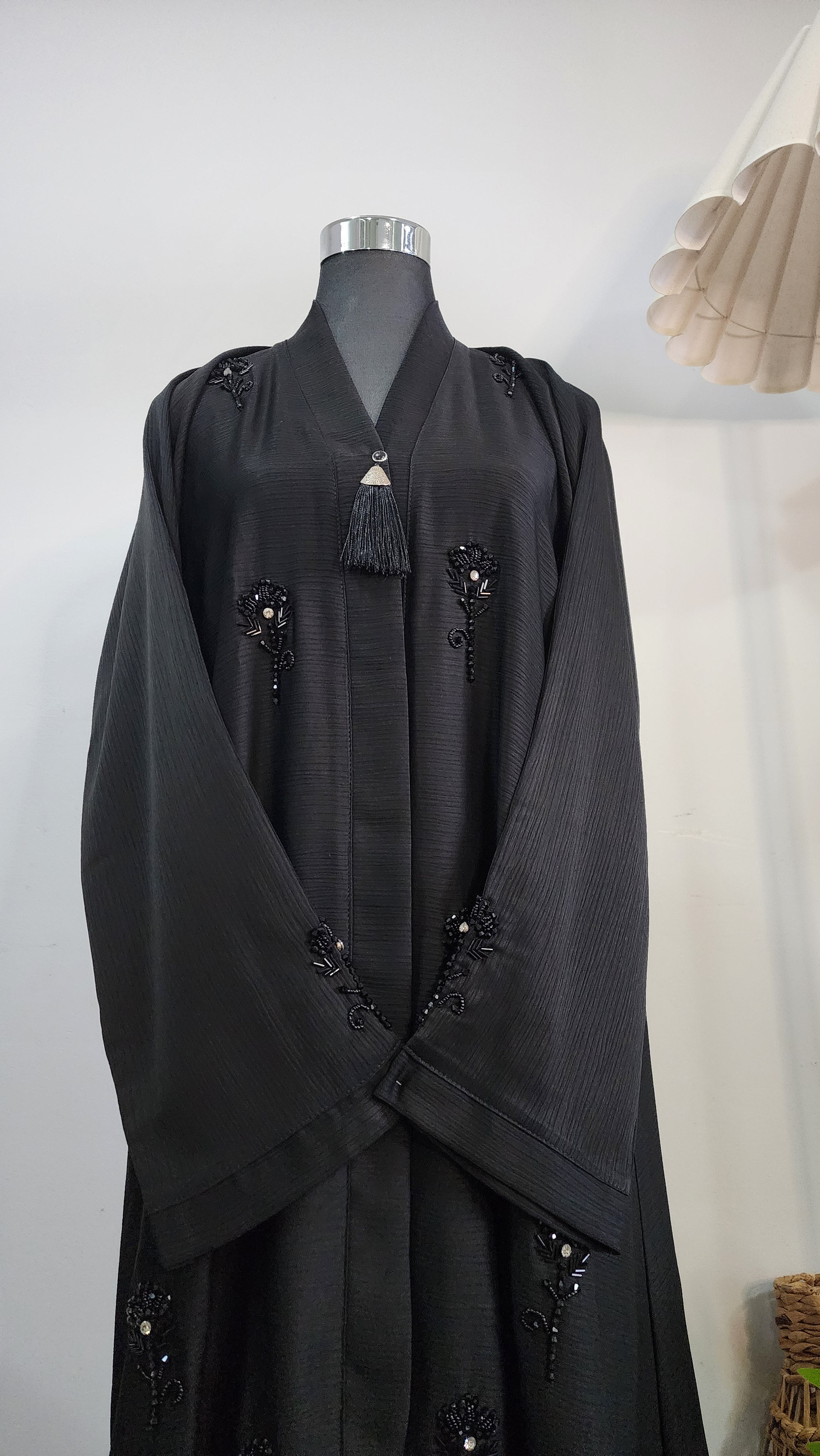 Elegant Black Abaya with Hand Beaded Embroidery and Tassel Detail – Modest Luxury Wear