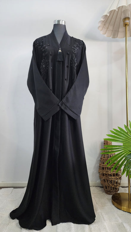 Elegant Black Abaya with Hand Beaded Embroidery and Tassel Detail – Modest Luxury Wear