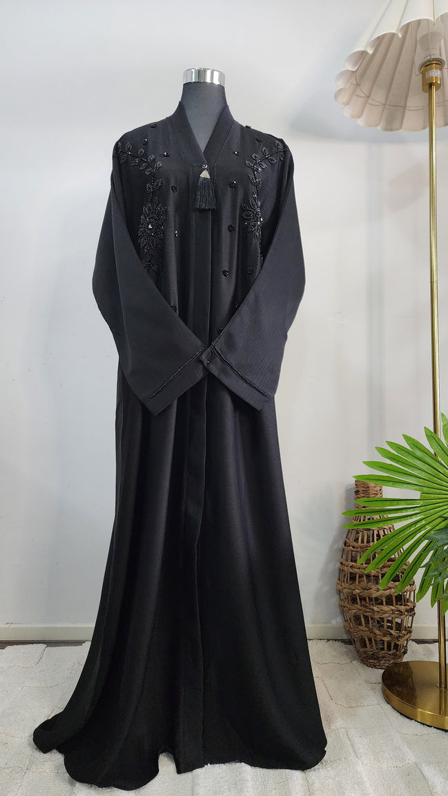 Elegant Black Abaya with Hand Beaded Embroidery and Tassel Detail – Modest Luxury Wear