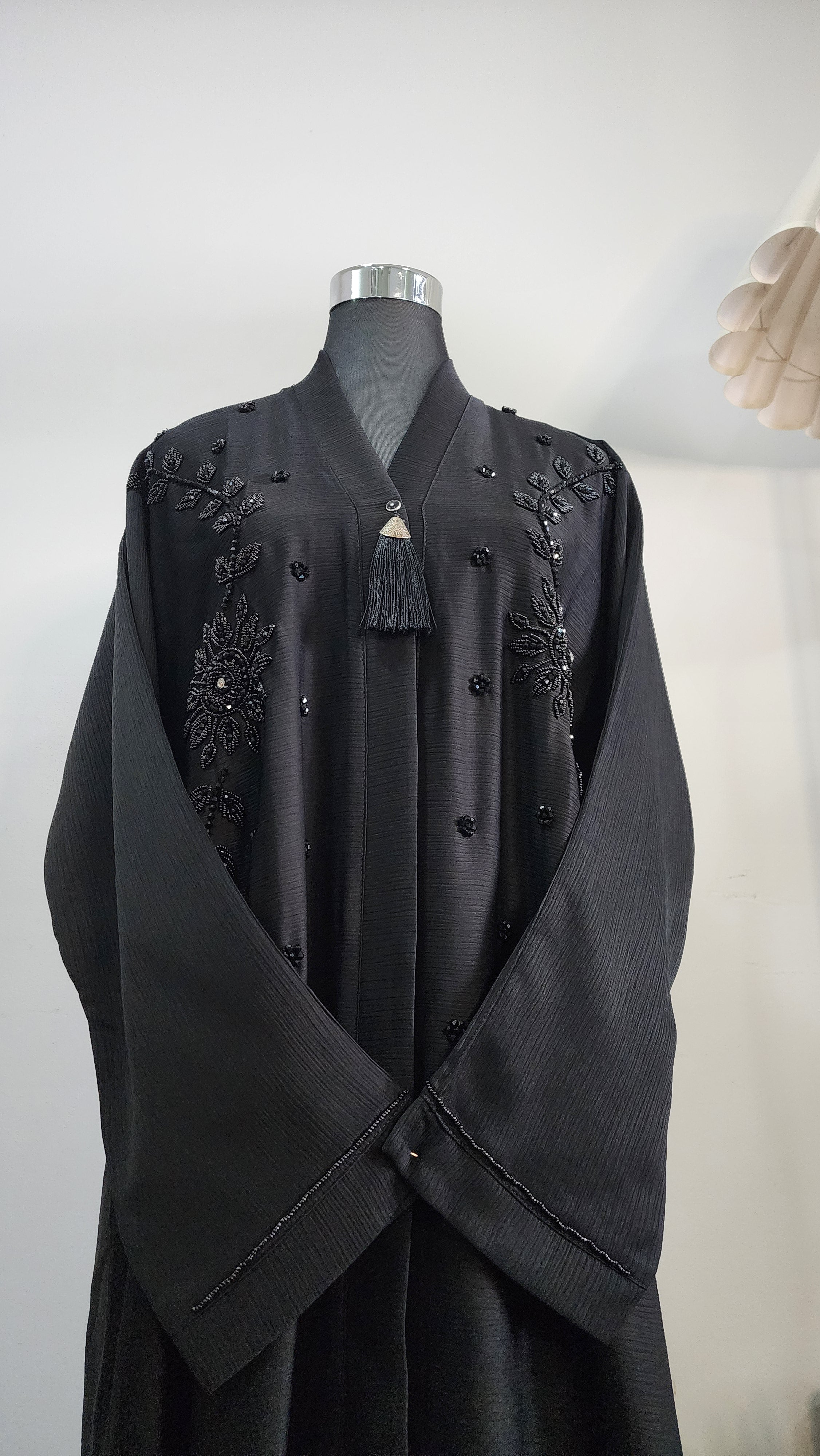 Elegant Black Abaya with Hand Beaded Embroidery and Tassel Detail – Modest Luxury Wear