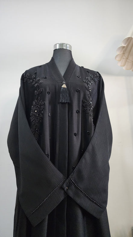 Elegant Black Abaya with Hand Beaded Embroidery and Tassel Detail – Modest Luxury Wear