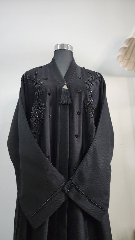 Elegant Black Abaya with Hand Beaded Embroidery and Tassel Detail – Modest Luxury Wear