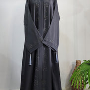 Charcoal Abaya with Beaded Detailing and Tassel Accents – Modern Modest Elegance