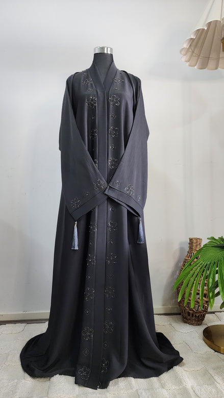 Charcoal Abaya with Beaded Detailing and Tassel Accents – Modern Modest Elegance