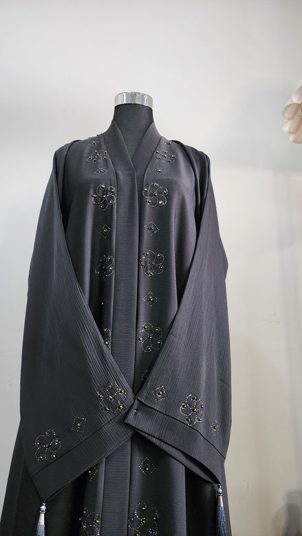 Charcoal Abaya with Beaded Detailing and Tassel Accents – Modern Modest Elegance