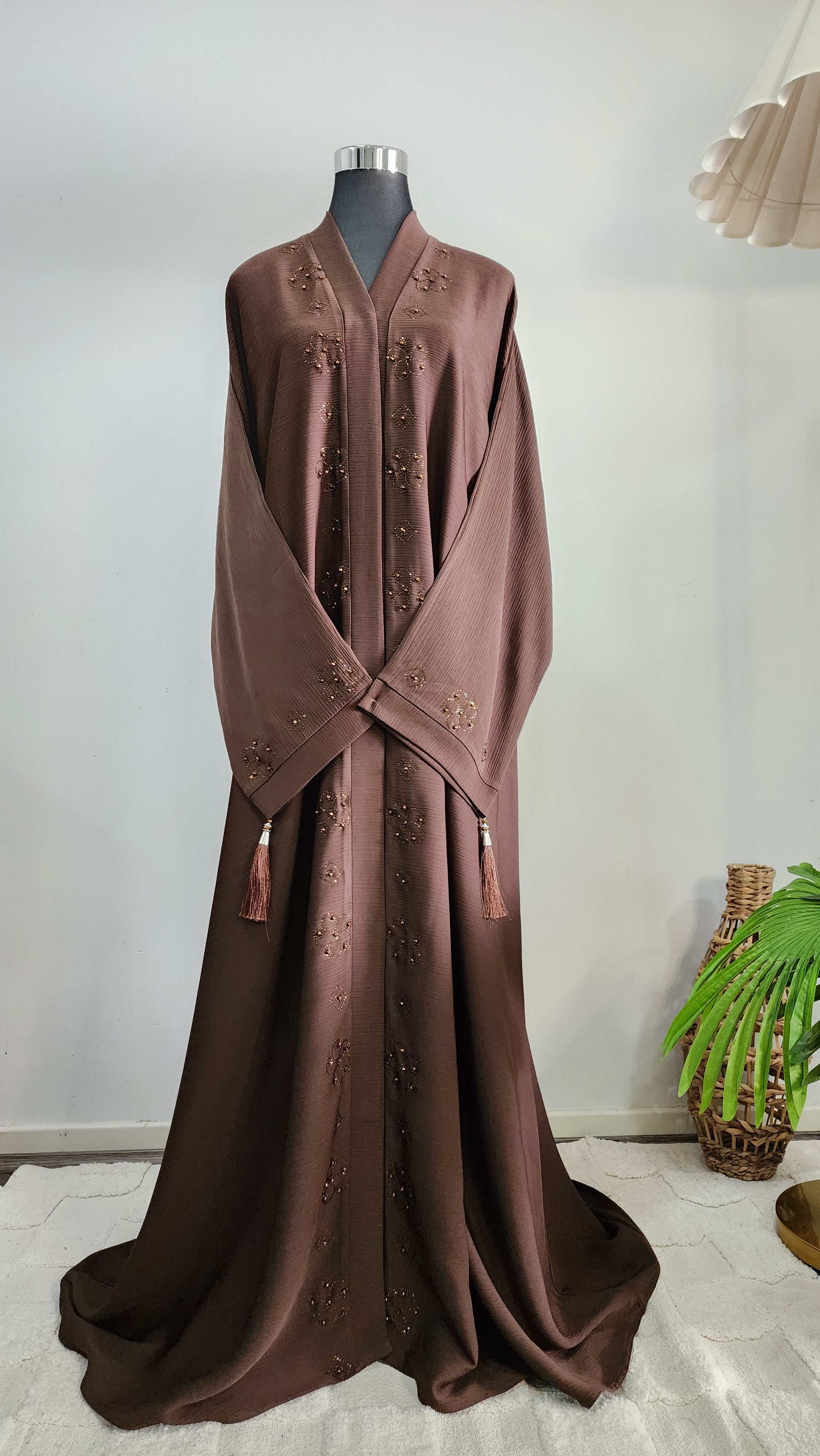 Brown Abaya with Beaded Detailing and Tassel Accents – Modern Modest Elegance