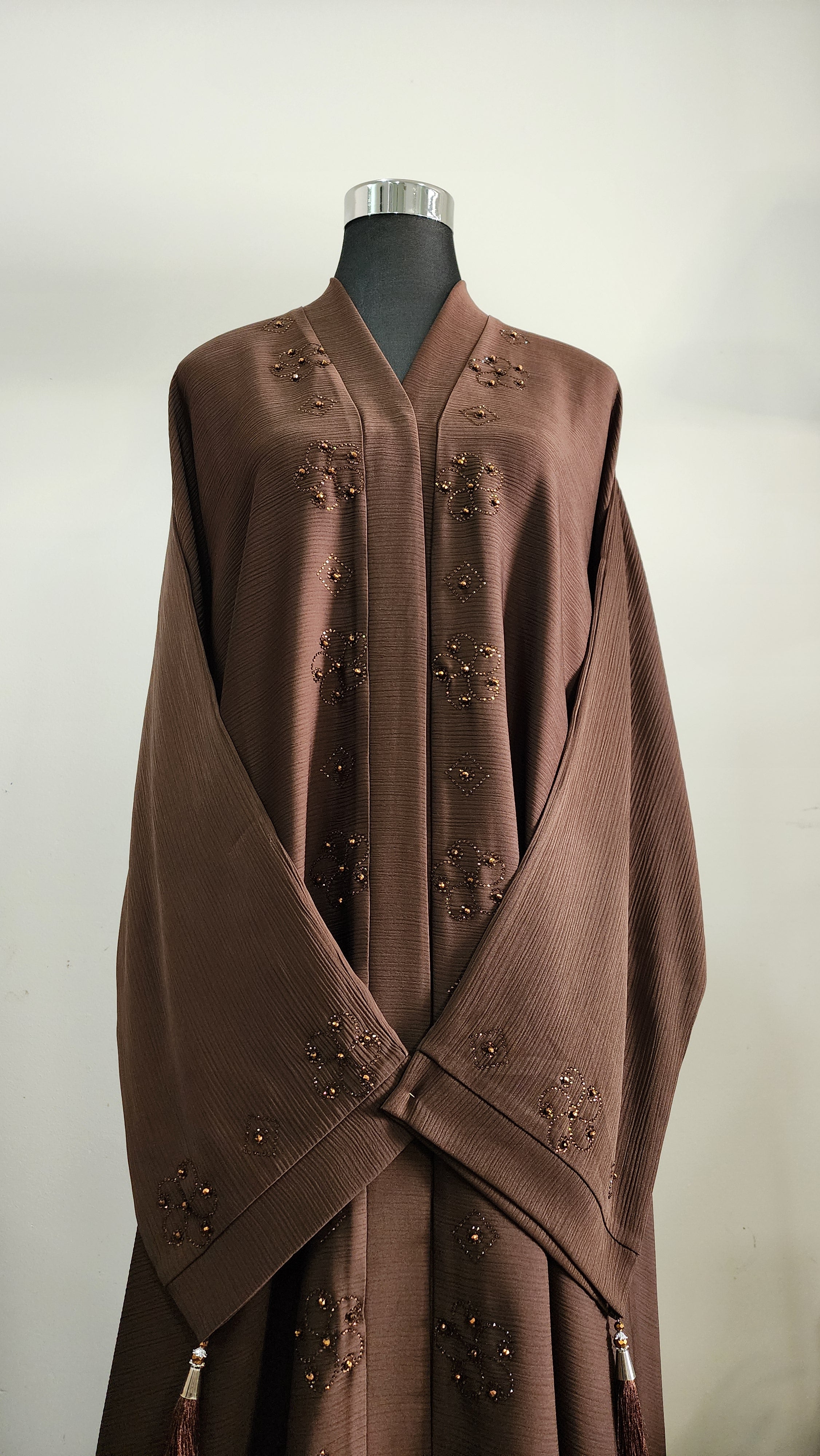 Brown Abaya with Beaded Detailing and Tassel Accents – Modern Modest Elegance