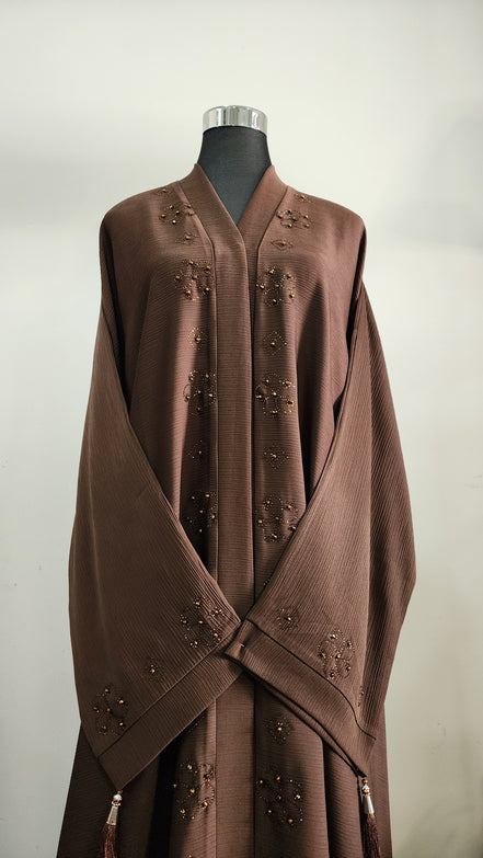 Brown Abaya with Beaded Detailing and Tassel Accents – Modern Modest Elegance