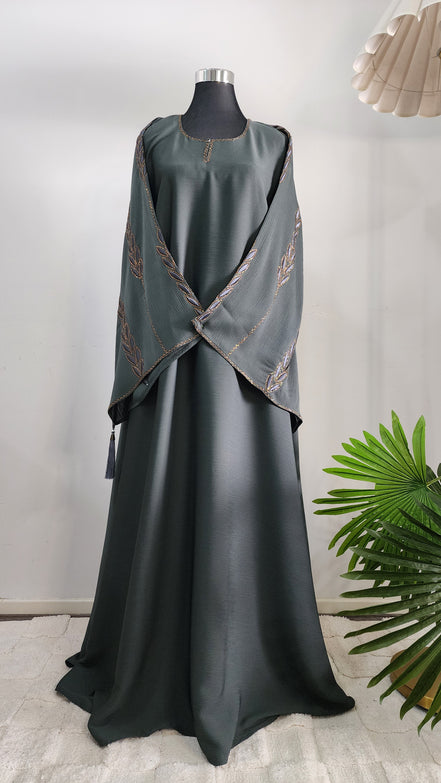 Olive Green Abaya with Embroidered Leaf Design – Elegant Modest Wear
