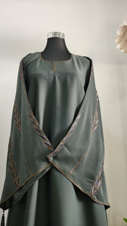 Olive Green Abaya with Embroidered Leaf Design – Elegant Modest Wear