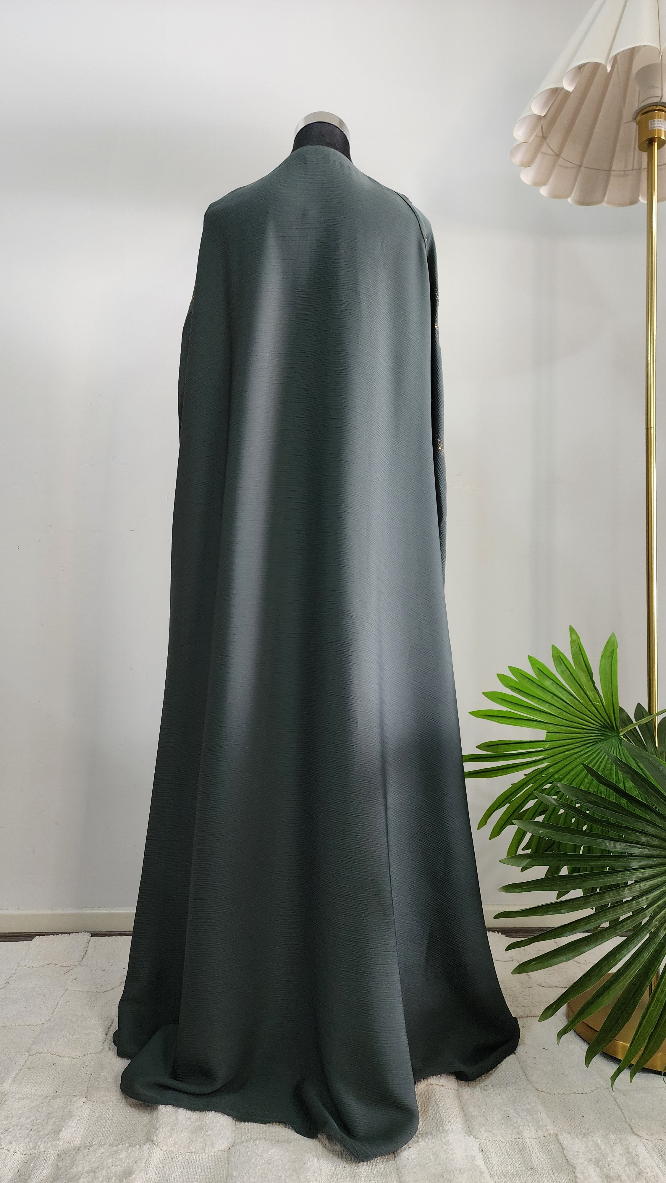 Olive Green Abaya with Embroidered Leaf Design – Elegant Modest Wear