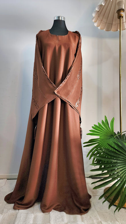 Brown Abaya with Embroidered Leaf Design – Elegant Modest Wear