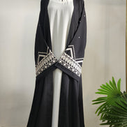 Black and White double layered Embroidered Abaya with Belt– Contemporary Modest Elegance