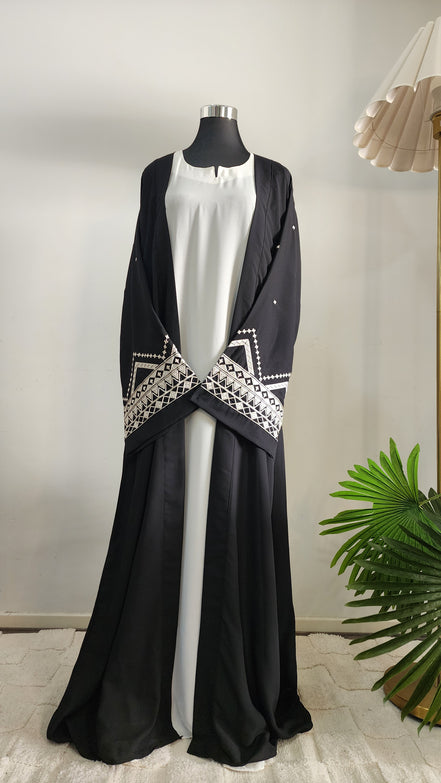 Black and White double layered Embroidered Abaya with Belt– Contemporary Modest Elegance