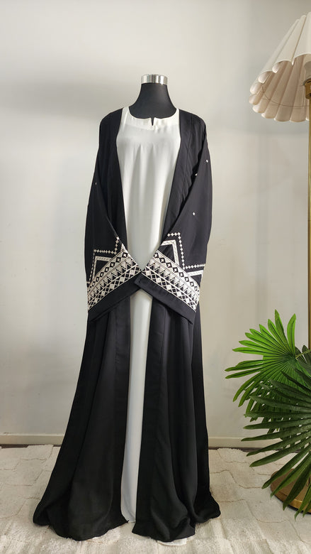 Black and White double layered Embroidered Abaya with Belt– Contemporary Modest Elegance