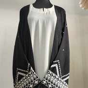 Black and White double layered Embroidered Abaya with Belt– Contemporary Modest Elegance