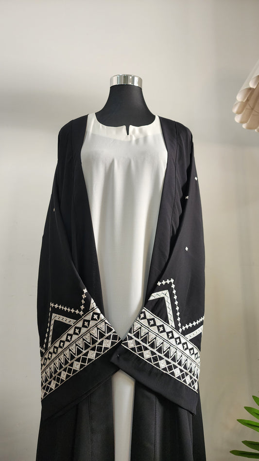 Black and White double layered Embroidered Abaya with Belt– Contemporary Modest Elegance