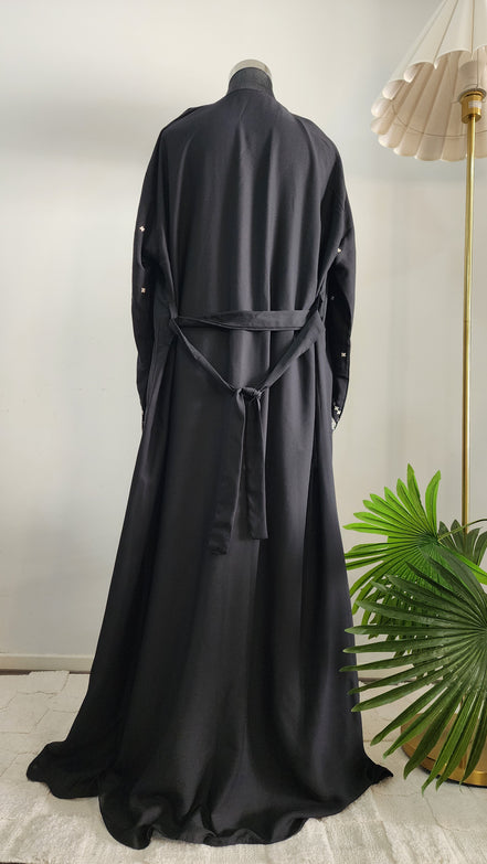 Black and White double layered Embroidered Abaya with Belt– Contemporary Modest Elegance